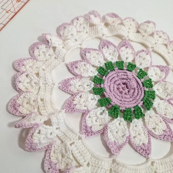 Hand Crocheted Lace Doily Flower Lavender White Green Purple Cotton 10 Inch - Picture 13 of 14